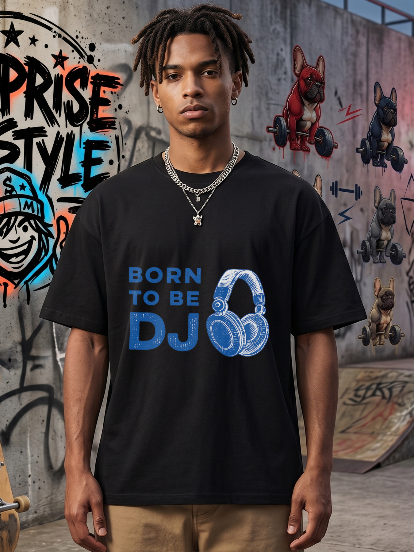 Men's Printed T-Shirt Born to Be DJ Headphones Graphic Casual Round Neck Summer Lightweight Breathable Short Sleeve Tee for Music Lovers and DJs