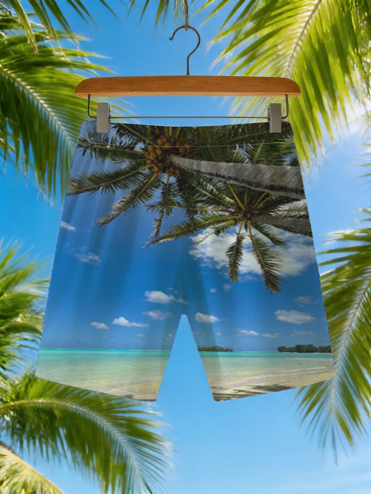 Tropical beach with palm trees and clear blue water -  Beach shorts