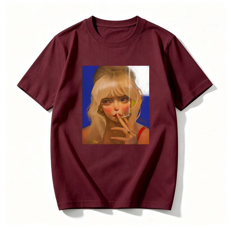 Blonde Woman Smoking Cigarette with Red Earrings and Ring - Tee