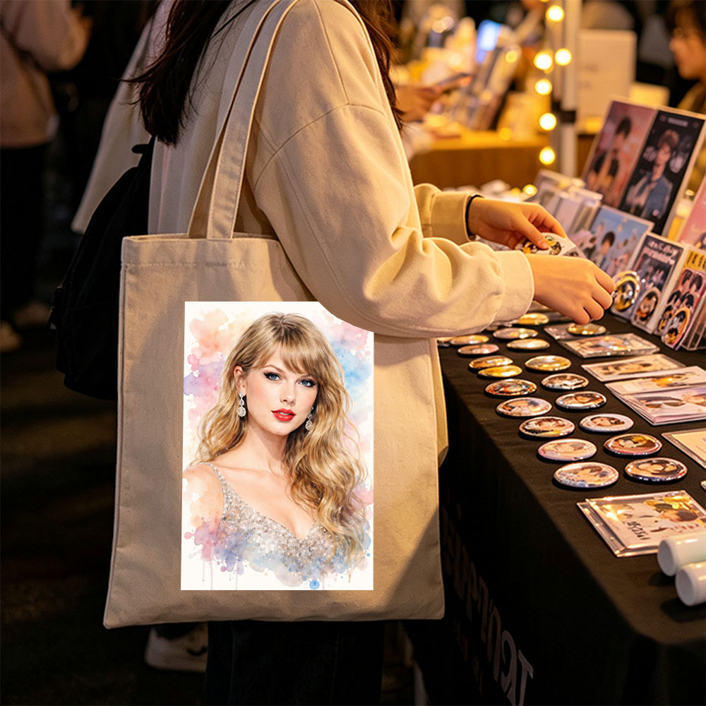 Taylor Swift Portrait in Sparkling Gown with Watercolor Background - Canvas tote bags