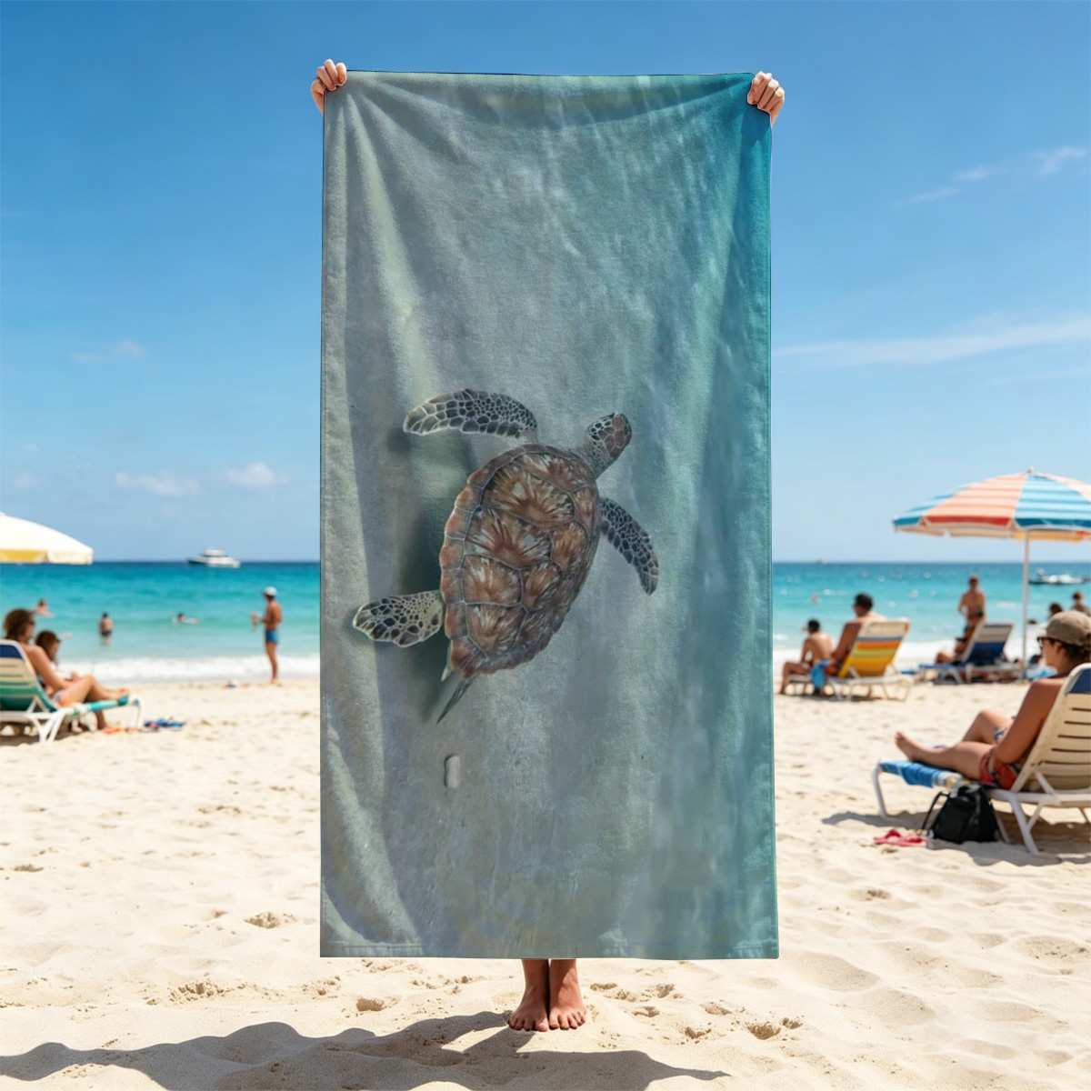 Sea turtle swimming gracefully over sandy ocean floor - Beach towels