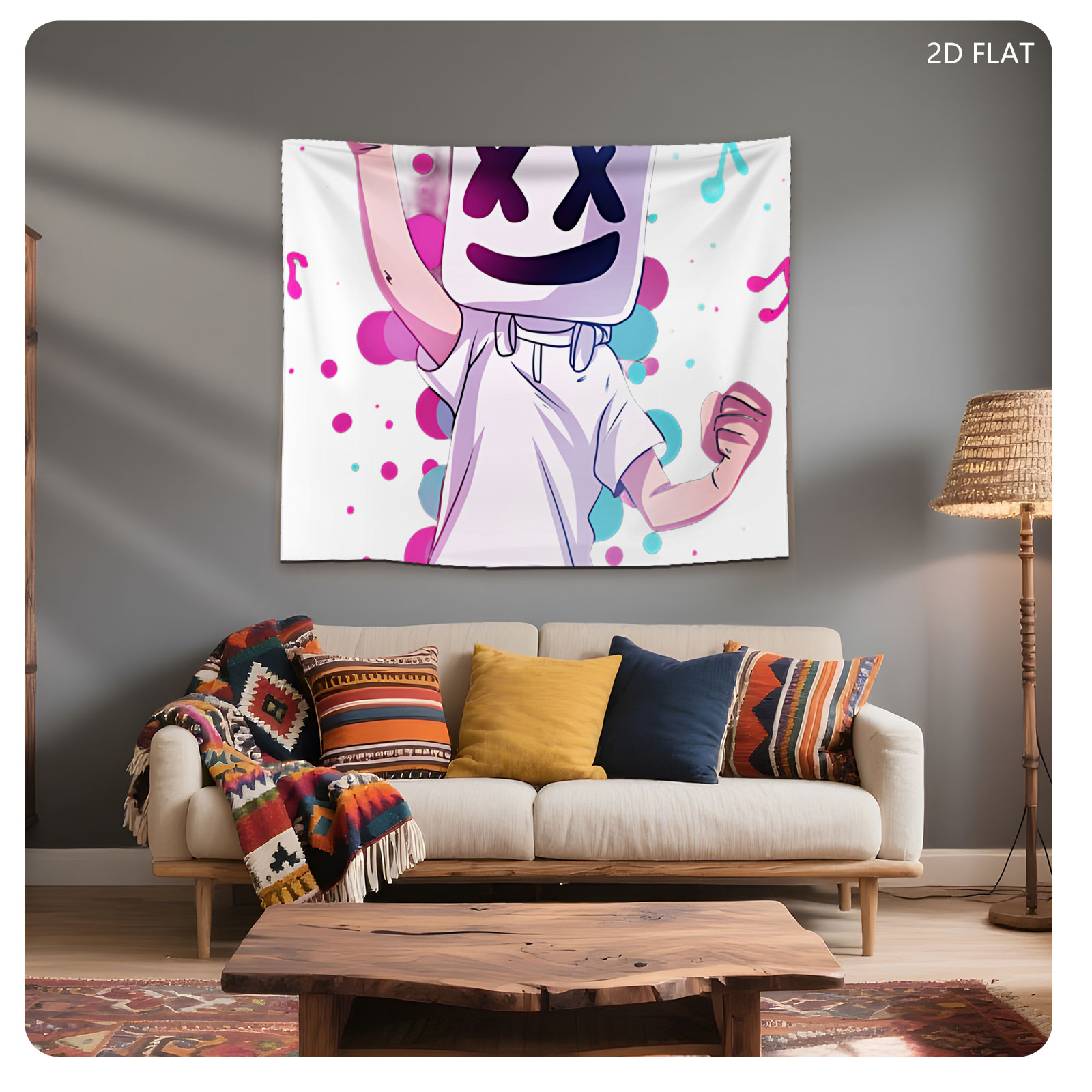 Marshmello Performing with Microphone, Music Notes, and Colorful Background - Tapestry