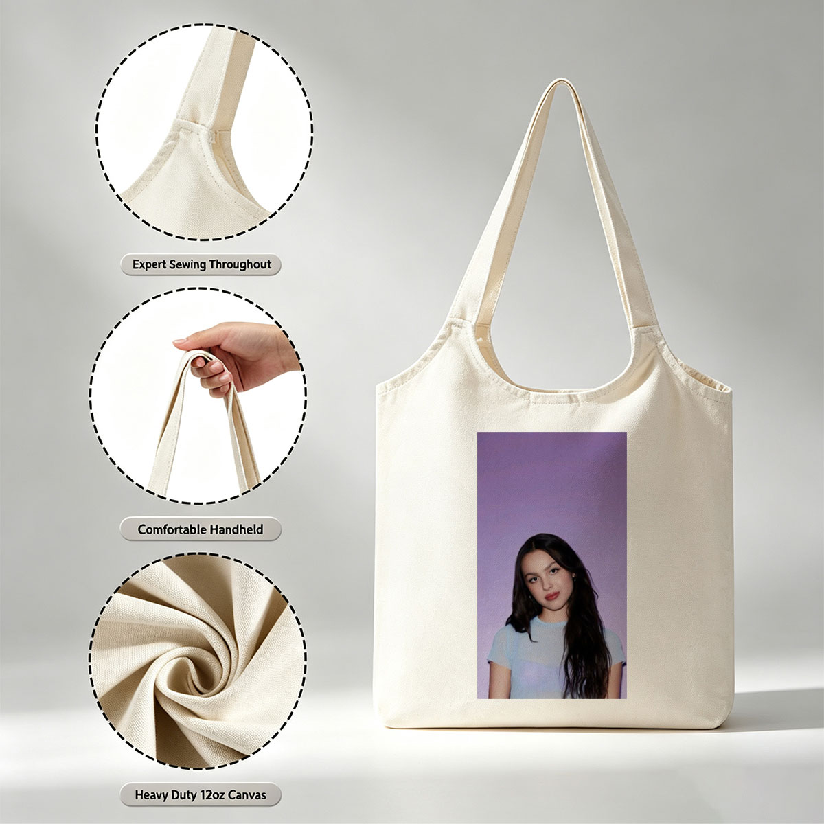 Olivia Rodrigo in a Soft Blue Top Against a Purple Gradient Background - Canvas shoulder bags/