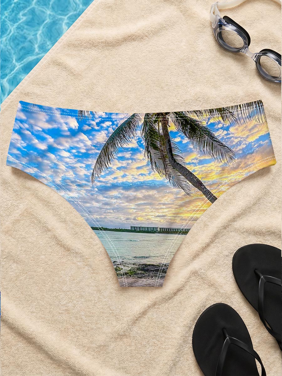 Tropical beach at sunset with palm tree and calm sea -  Men's swim trunks