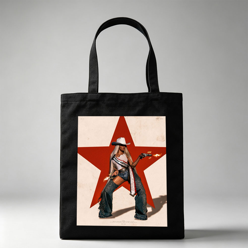 Cardi B in Cowboy Outfit Holding Guns Against Red Star Background - Canvas tote bags