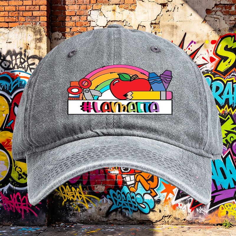 Unisex Classic Washed Cotton Hat with Rainbow Apple Art and #LAMMAETA Print - Perfect for School, Arts & Crafts, Teachers and Creative Adults
