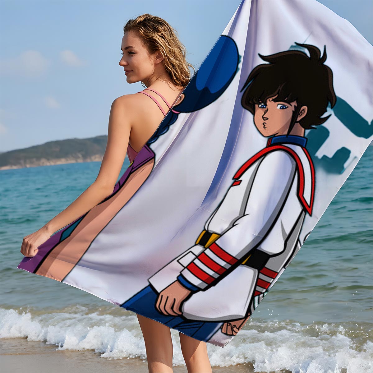 Lum, Ataru, and Mendou from Urusei Yatsura stand together in a dramatic pose against a dark, eerie backdrop. - Beach towels