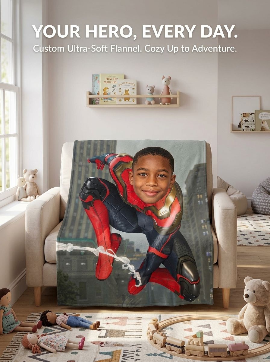 Custom Face Photo Blanket Personalized Superhero Flannel Throw Ultra Soft Fleece Blanket Cozy Gift