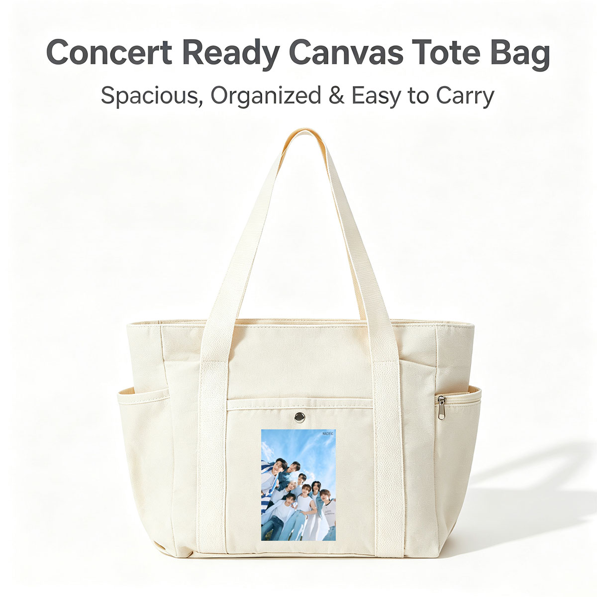 NACIFIC Band Members in Casual Outfits Posed Against a Bright Blue Sky - Multi-pocket bags
