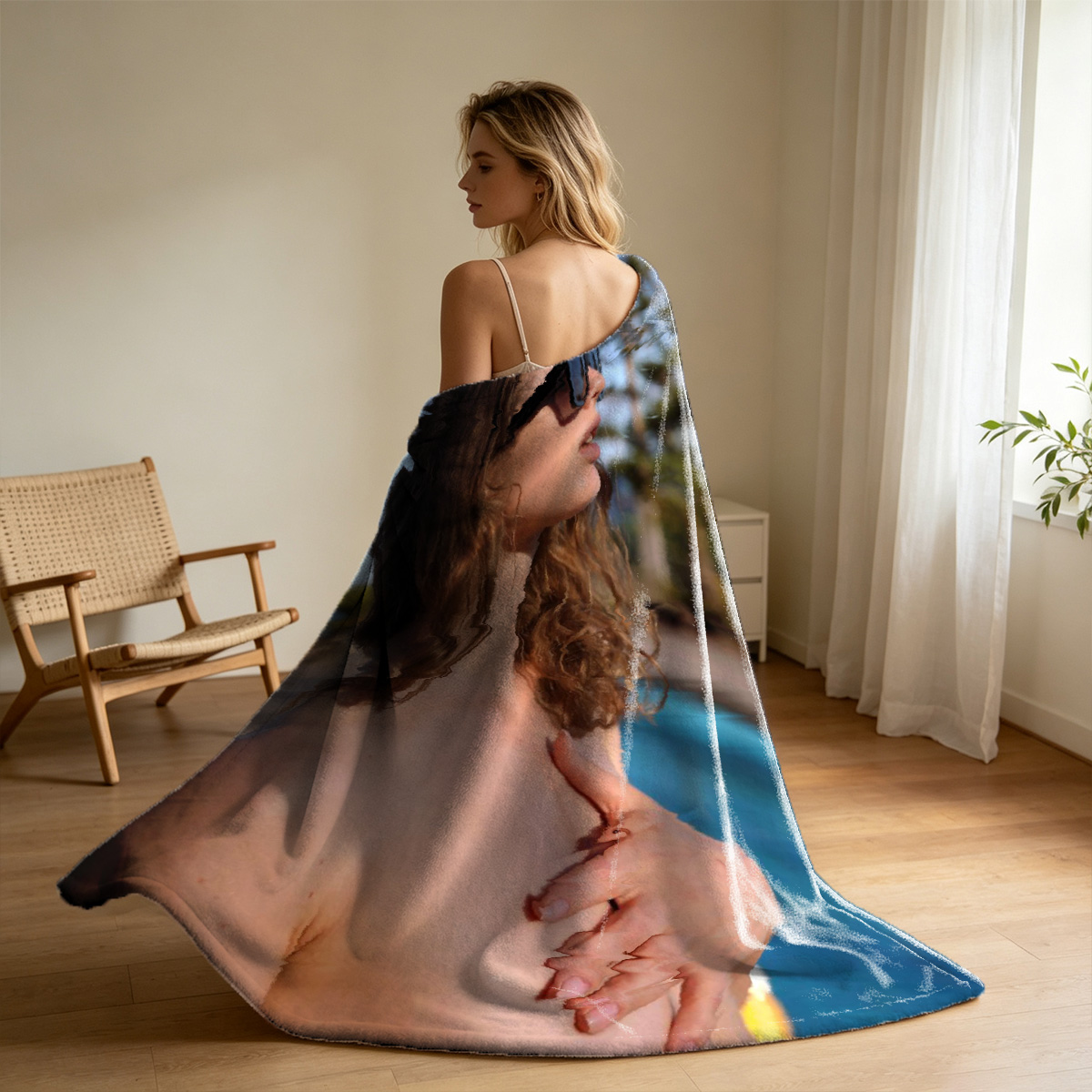 Nude woman posing on wooden table by window - Blanket