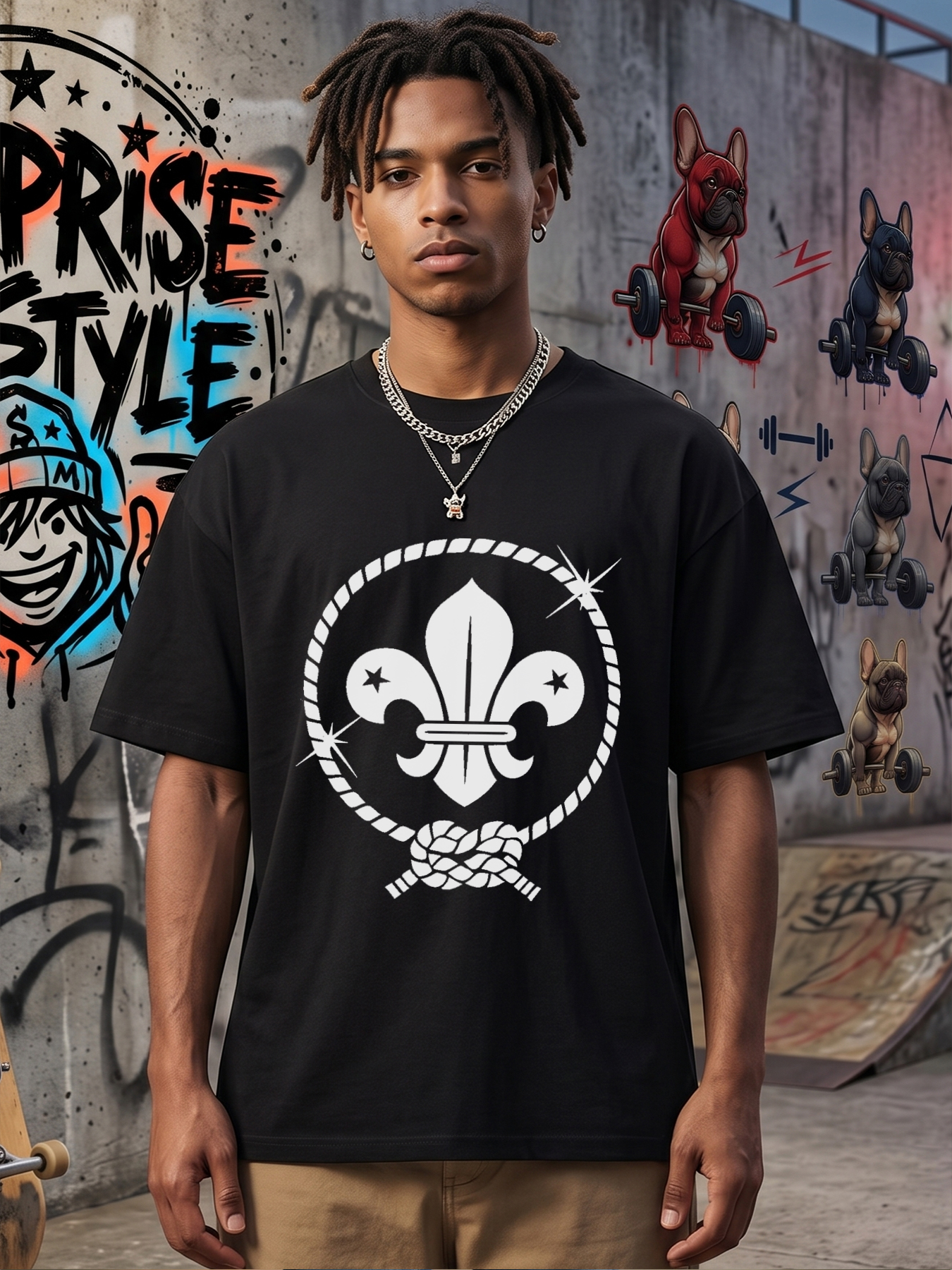 Men's Fleur-de-Lis Rope Knot Print T-Shirt Casual Round Neck Lightweight Breathable Summer Short Sleeve Tee for Outdoor Adventures Camping Hiking Nature Lovers Adults