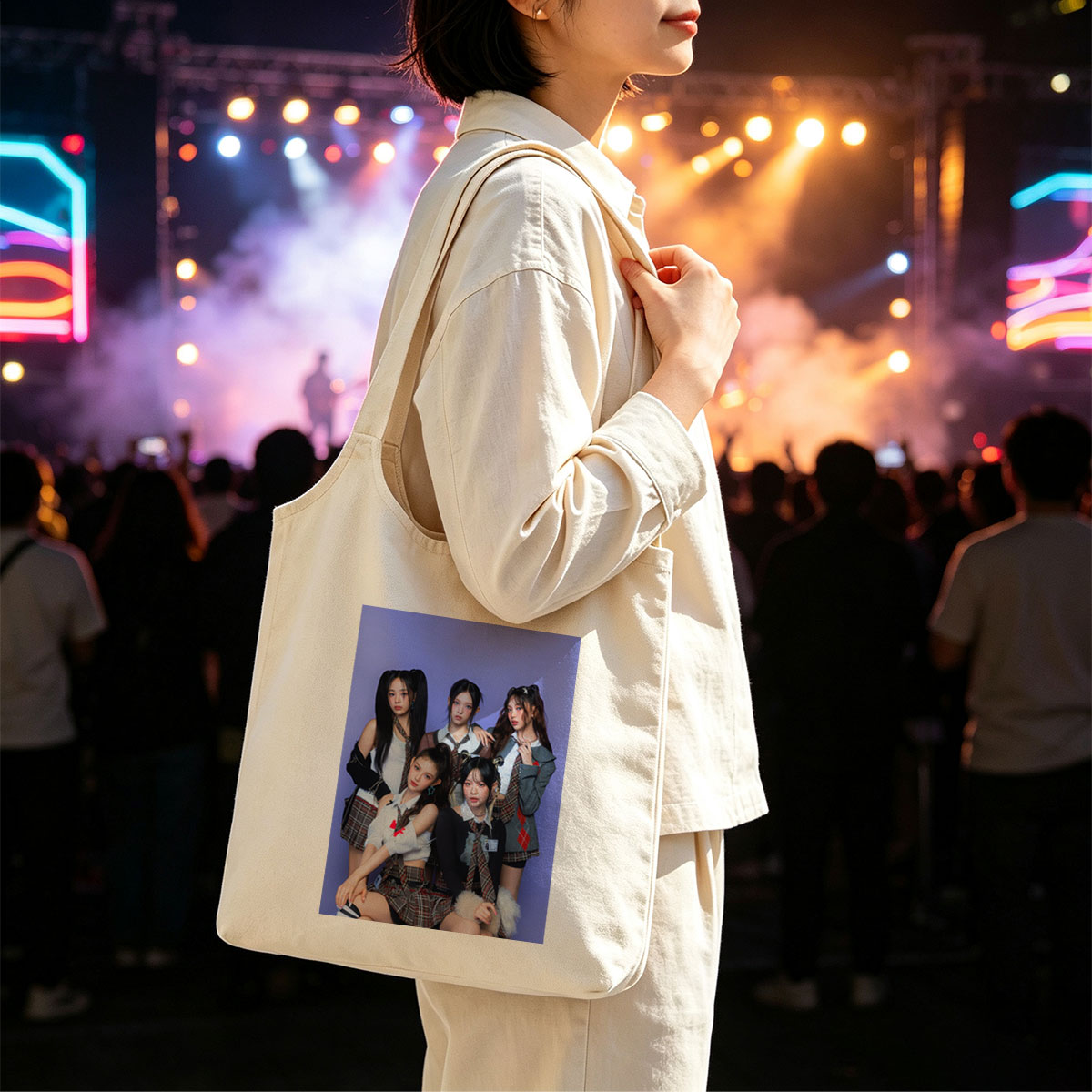 NewJeans School Uniform Concept Photo on Purple Background - Canvas shoulder bags/