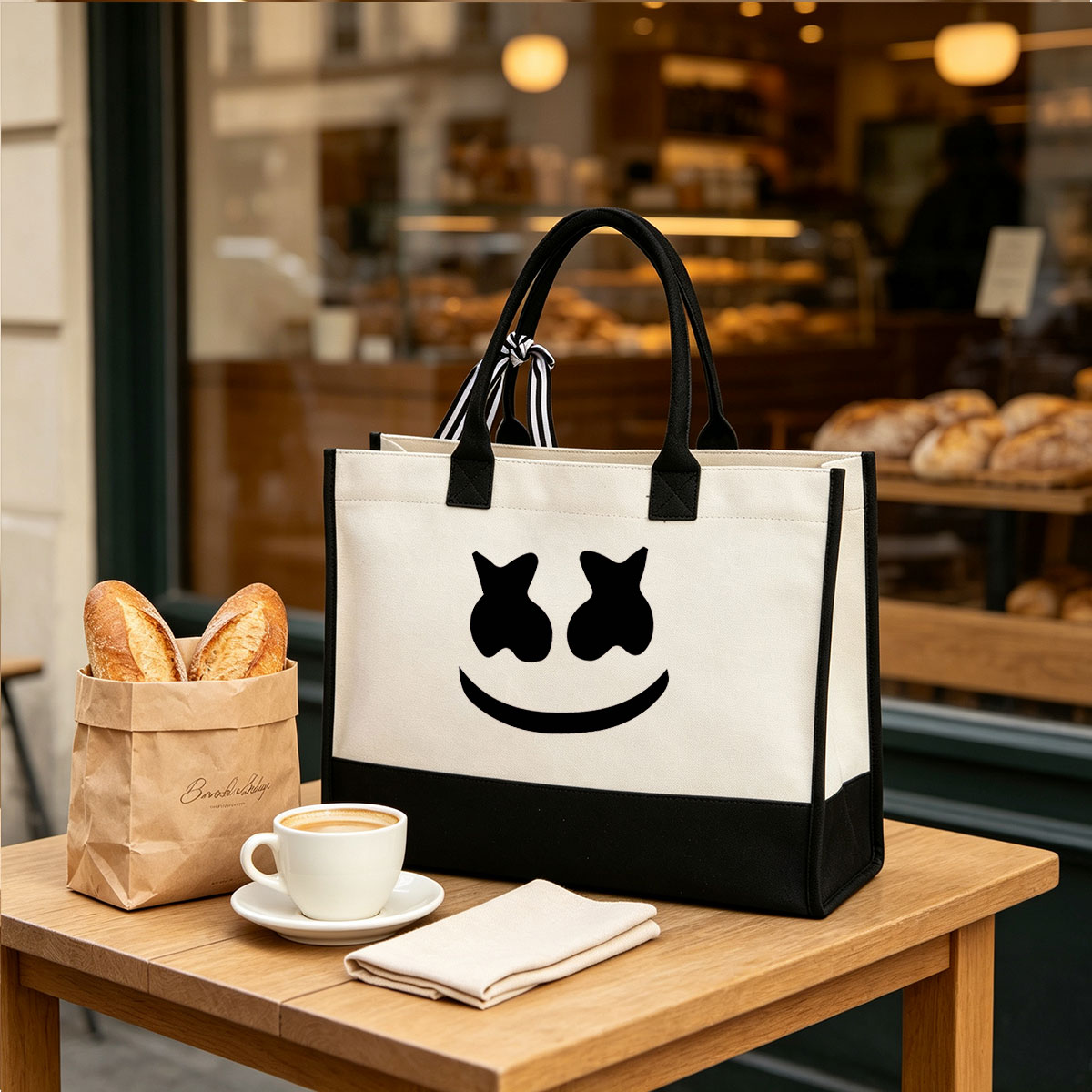 Mystery Face Outline with Cat-like Eyes and Smile - Canvas patchwork gift tote bag