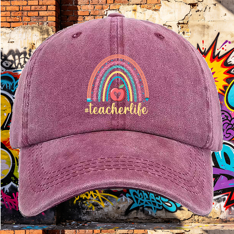 Men's Printed Washed Cap with Rainbow Apple and #teacherlife Design - Casual Round Brim Summer Lightweight Hat for Teachers and Educators