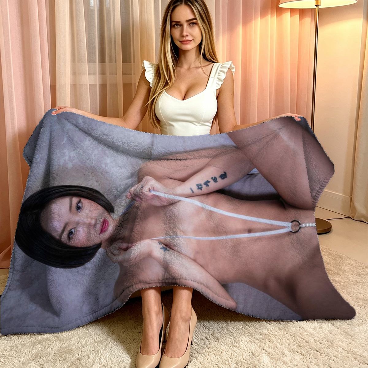 Nude Blonde in Squatting Pose on Chair - Blanket