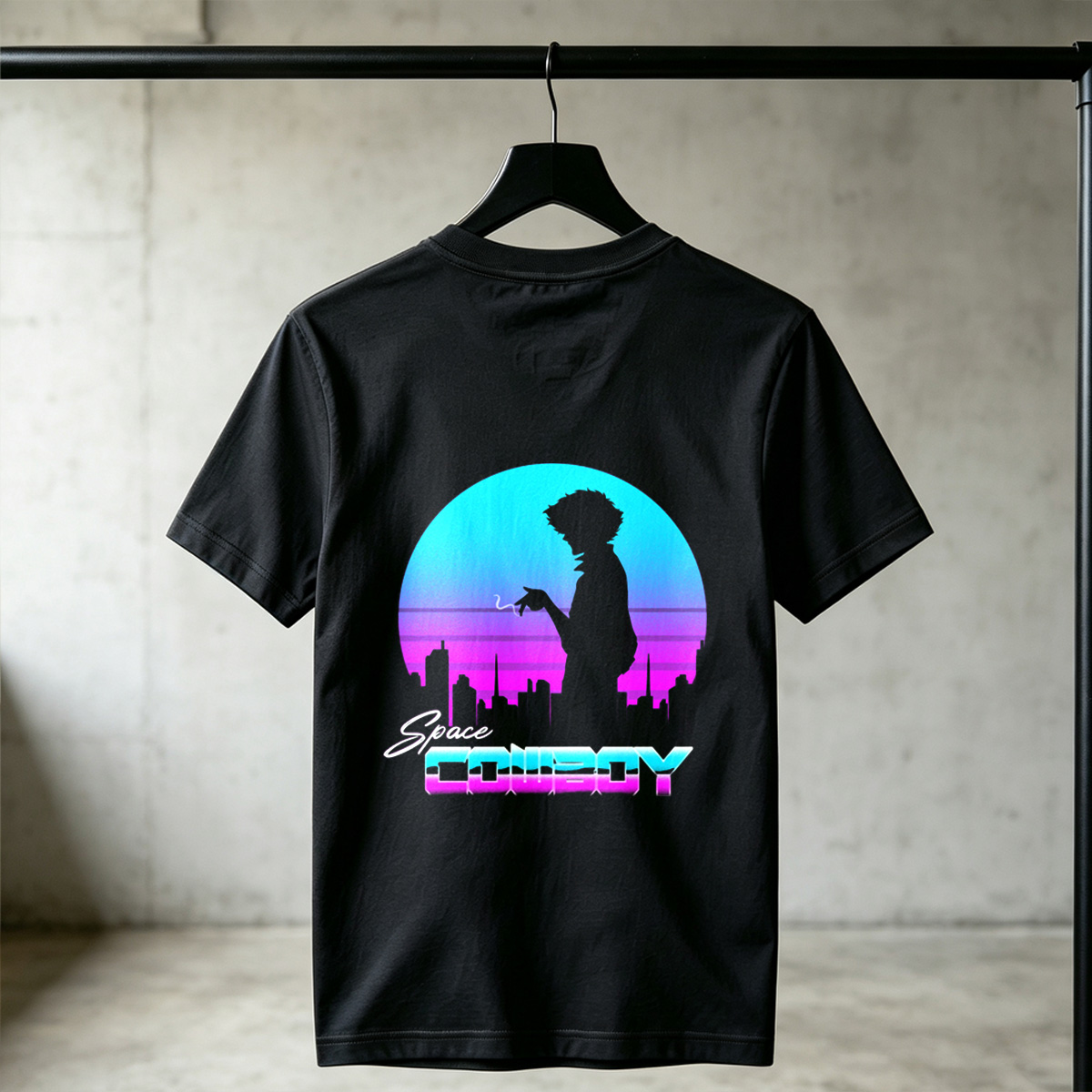 Space Cowboy - Silhouette of a Man Against a Neon Cityscape - Tee