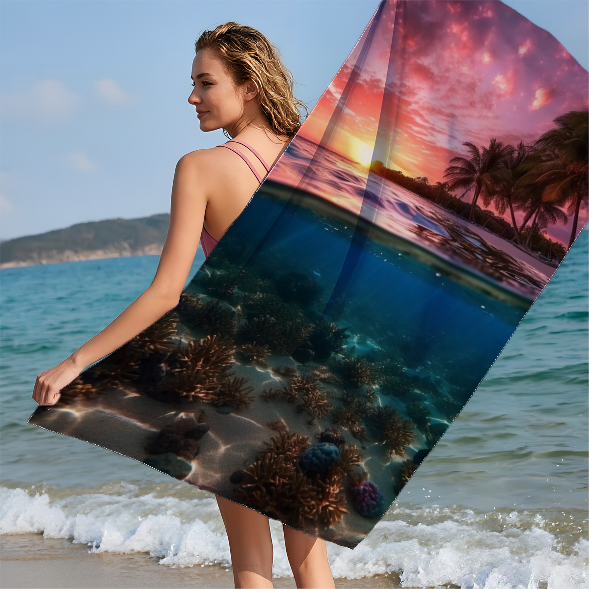 Sunset over tropical beach with underwater coral reef - Beach towels