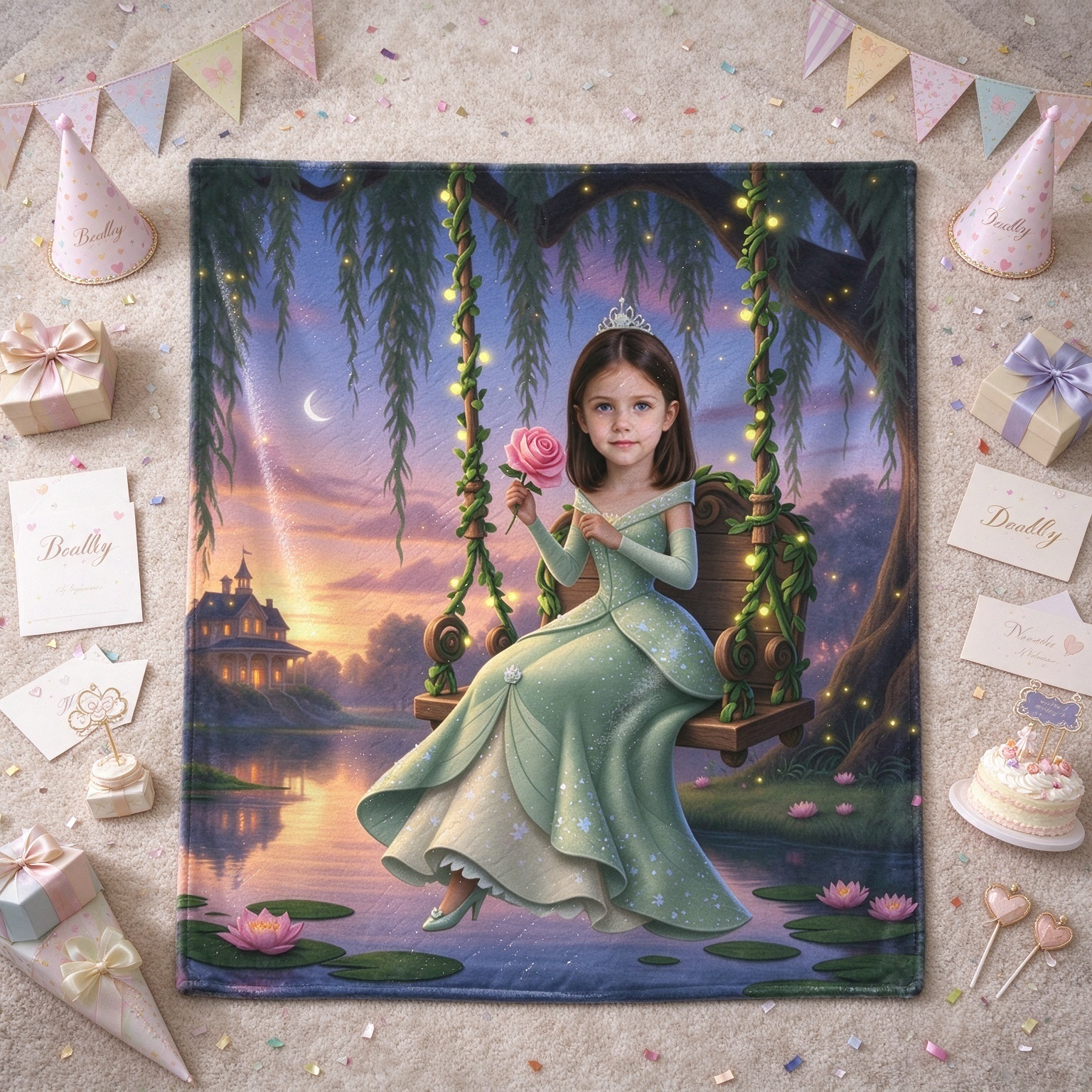 Personalized Photo Blanket Enchanted Princess Swing Design Soft Flannel Fleece Throw for Bed Couch Ideal Custom Gift