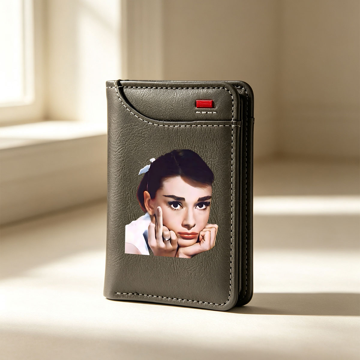 Audrey Hepburn in a classic pose with elegant makeup and a white bow in her hair - Vertical Style Wallet