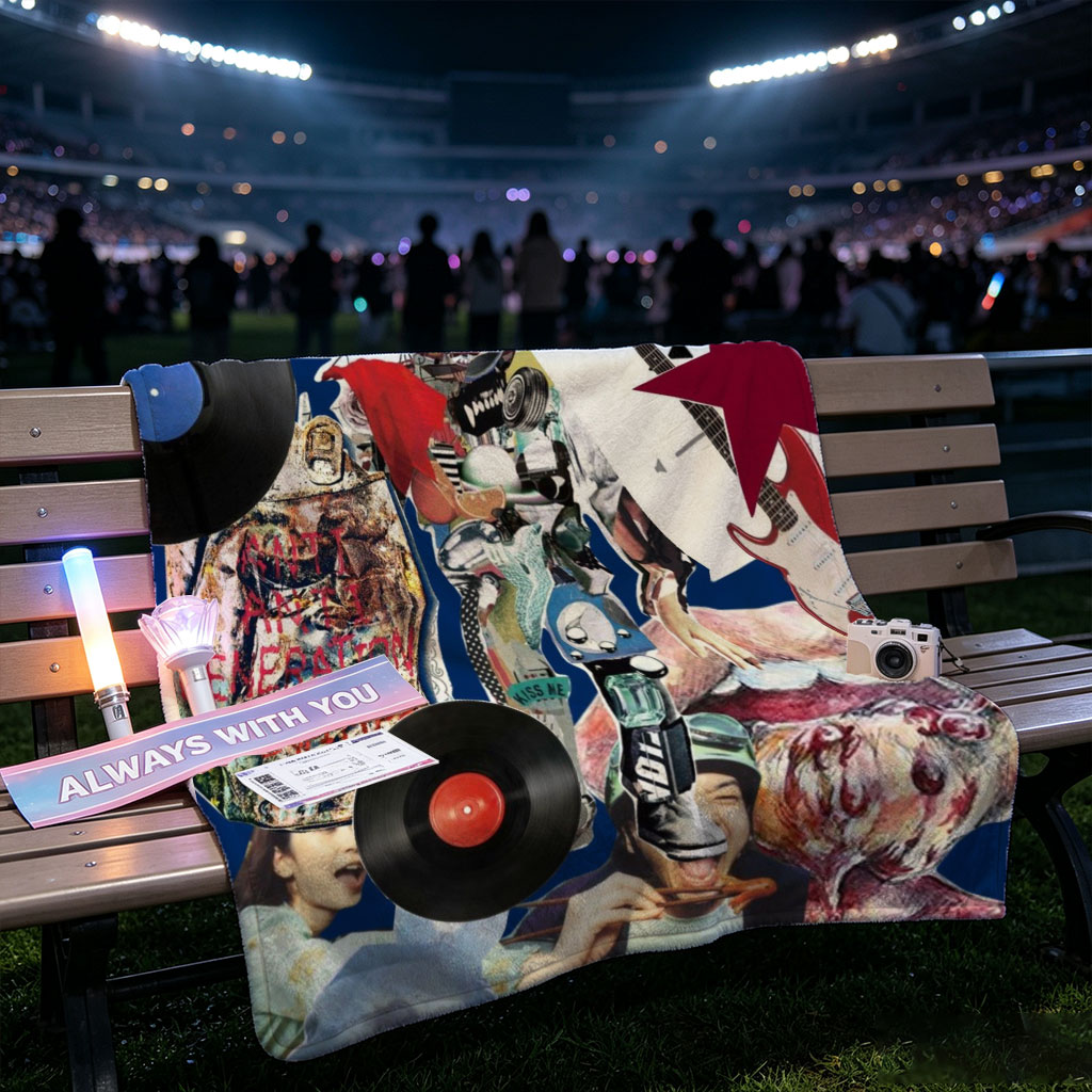 BTS Music Collage Featuring Vinyl Records, Guitars, and Artistic Elements - Blankets