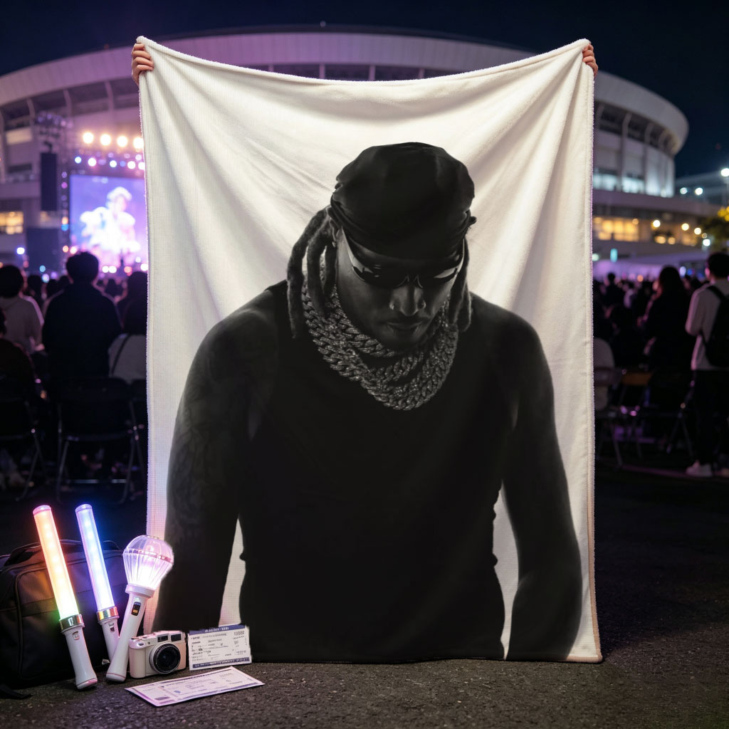 Lil Wayne in a striking black and white portrait wearing a bandana, sunglasses, and a thick chain necklace. - Blankets