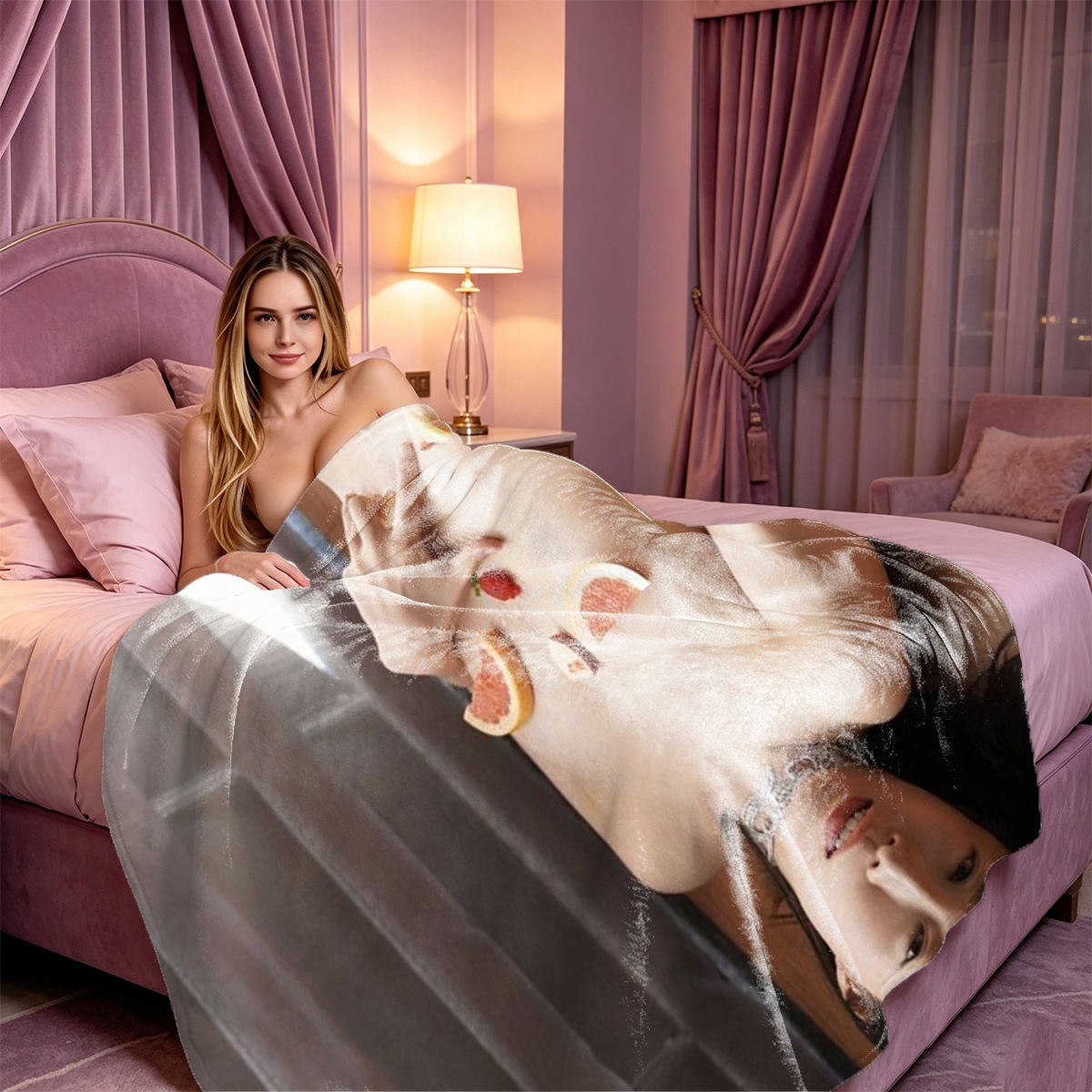 Redhead in Pink Leopard Lingerie on Bed - Blanket