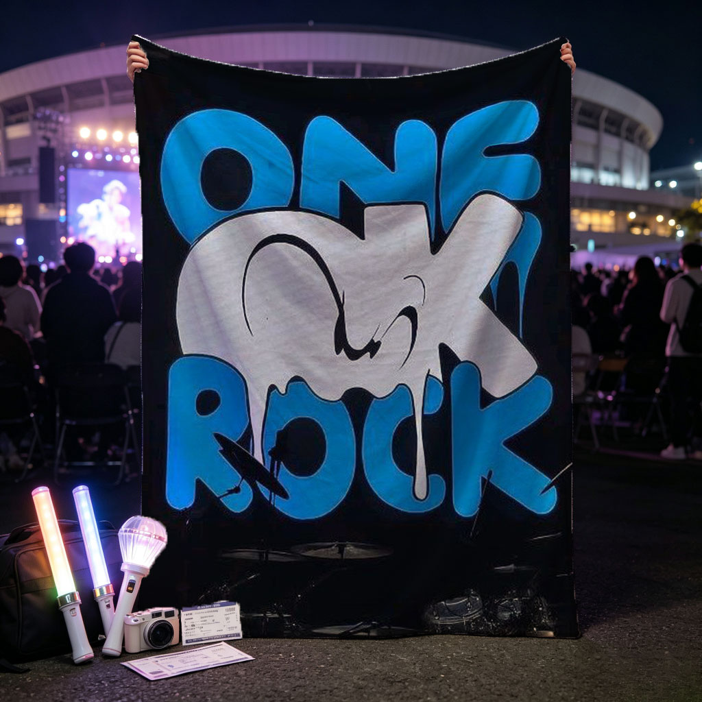 One Ok Rock Live Performance with Illuminated Stage Logo and Drum Set - Blankets
