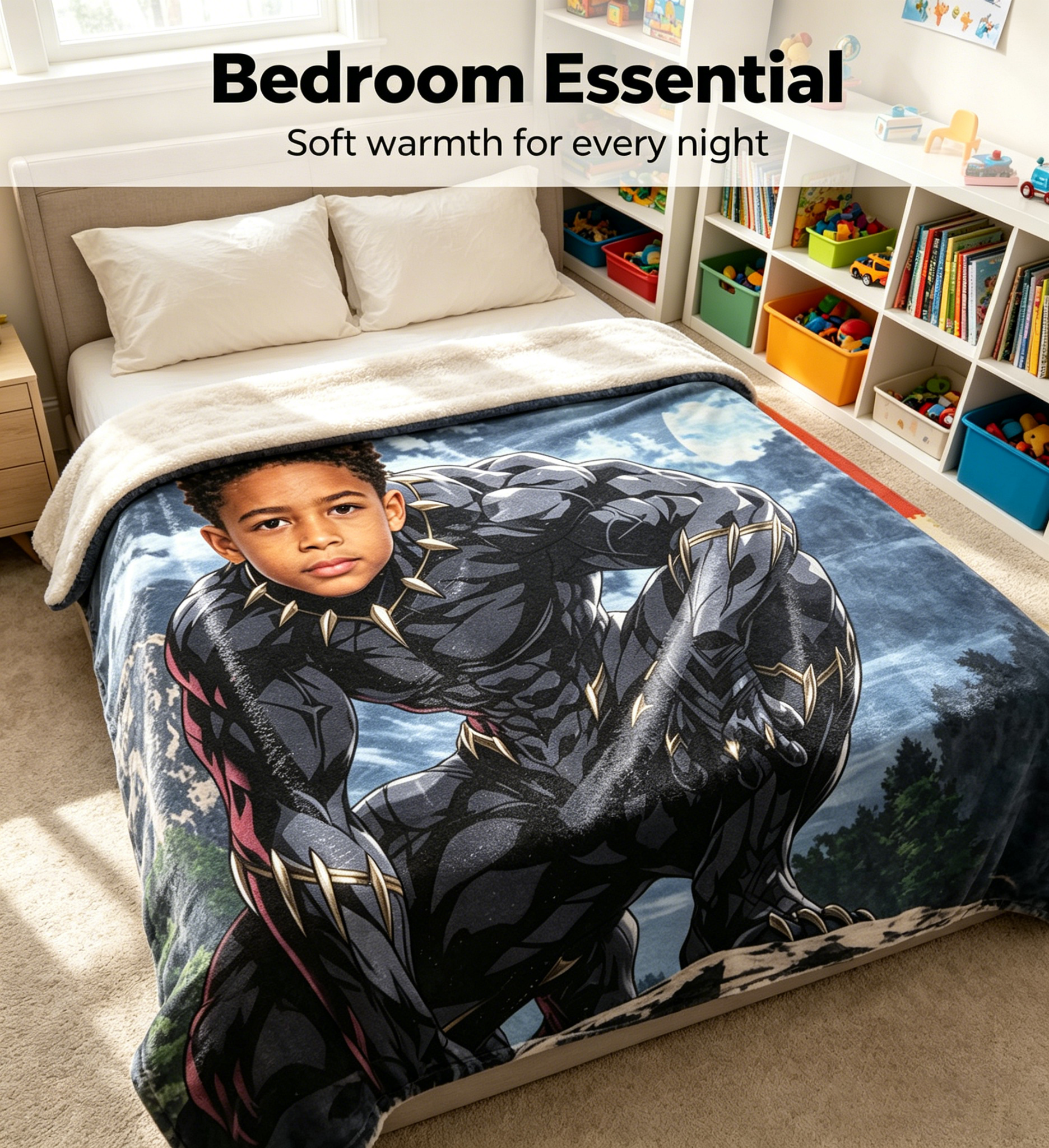 DIY Custom Face Black Panther Blanket, Wild Mountain Theme Upload Kid Photo Personalized Fleece Throw Blanket for Boys