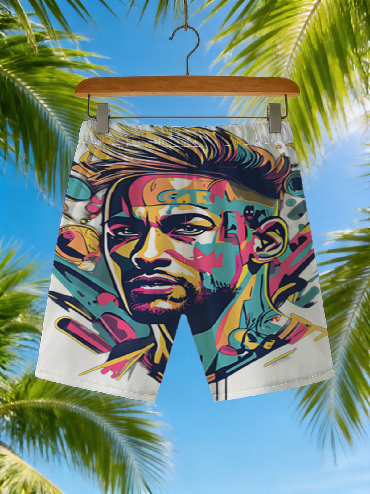 Colorful Abstract Portrait of a Man with Vibrant Patterns and Dynamic Elements -  Beach shorts
