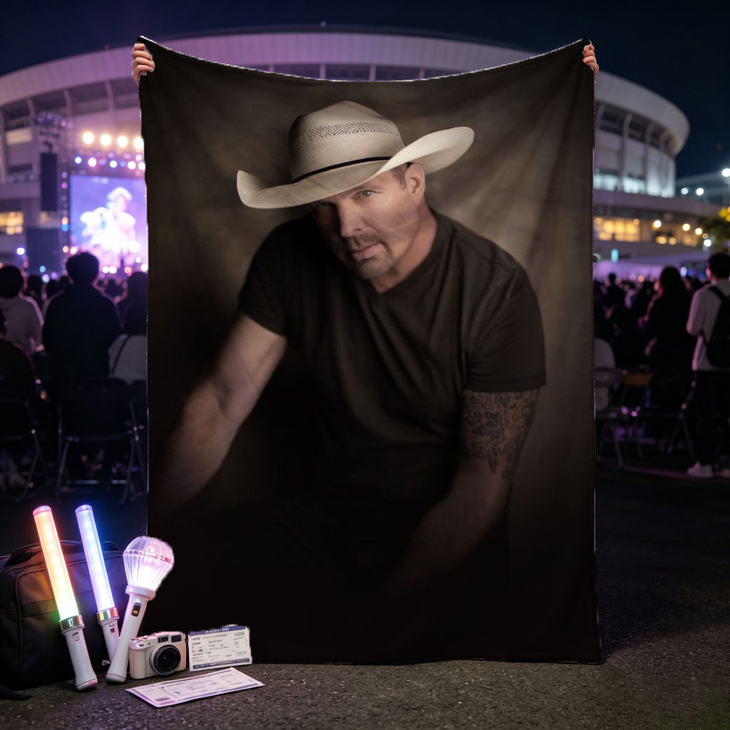 Tim McGraw in a Cowboy Hat - Intense Portrait with Tattooed Arm and Dark Background - Blankets