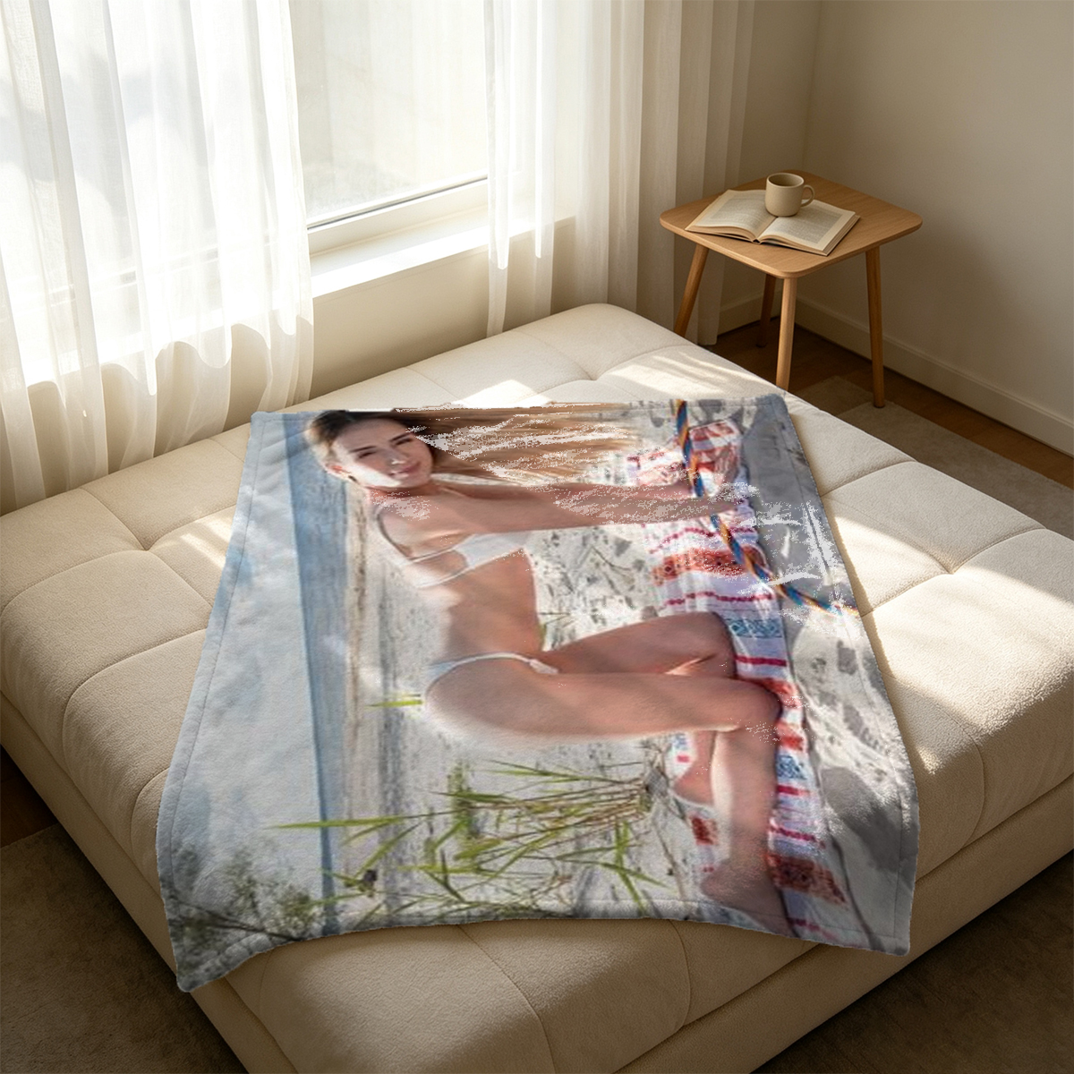 Melanie in black sheer lingerie on bed - Blanket
