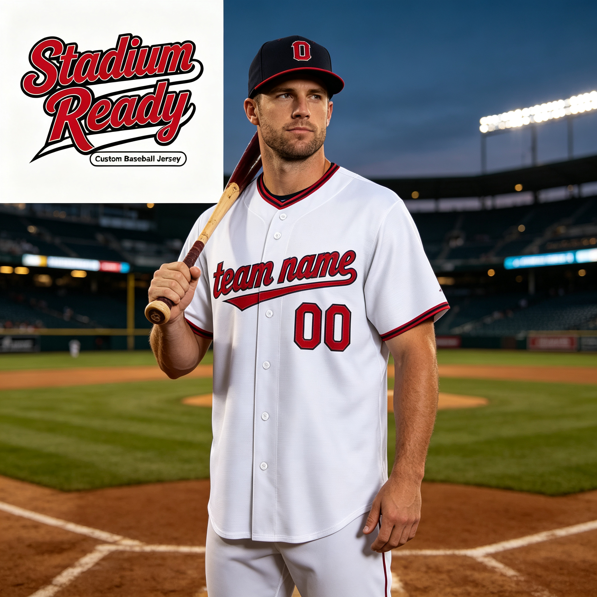 Custom Printed Cleveland Script Style Baseball Jersey White Navy Red Trim Button Down Shirt for Men and Women