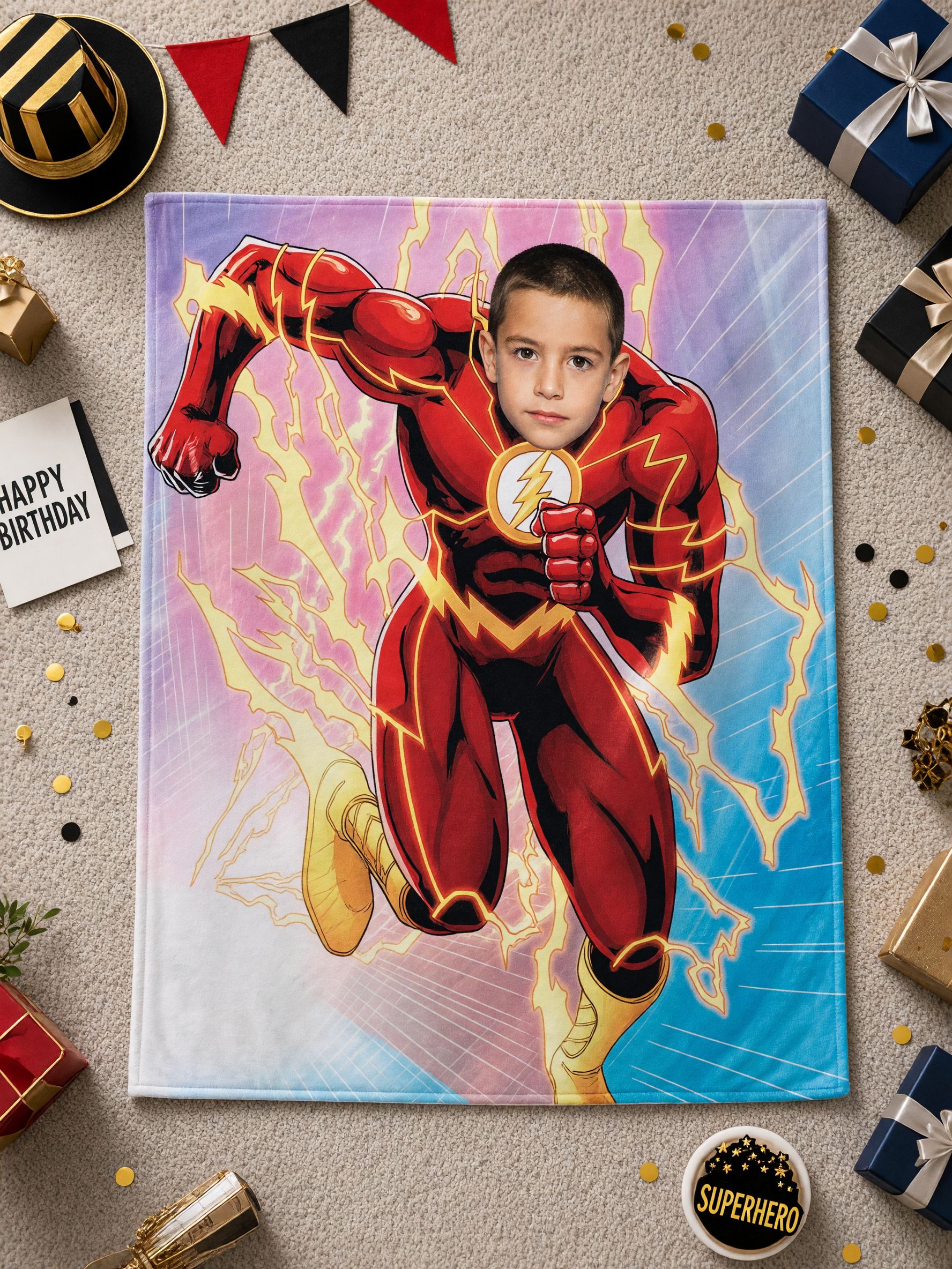 Custom Photo Face Superhero Flannel Blanket Personalized Comic Speedster Fleece Throw for Kids and Adults Cozy