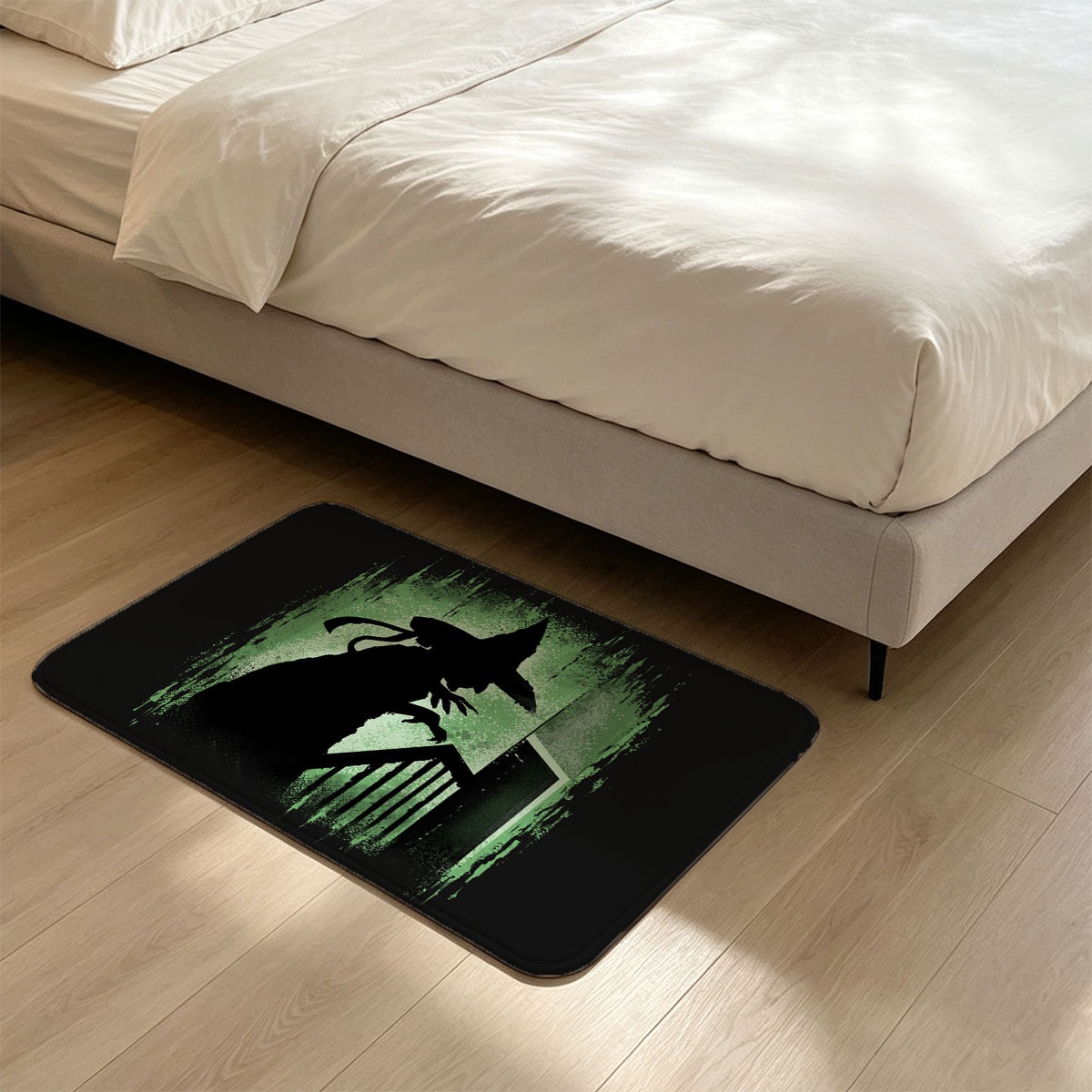 Silhouette of a Witch on Stairs in Green Glow - Flannel floor mat