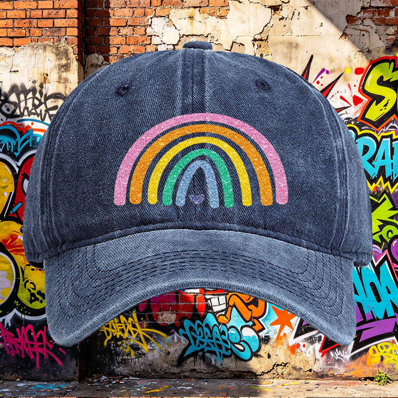 Unisex Classic Washed Cap with Glitter Rainbow Print and Heart Detail – Perfect for Casual Outings, Festivals, and Everyday Wear – Ideal for Youth and Adults Seeking Fun, Colorful Headwear