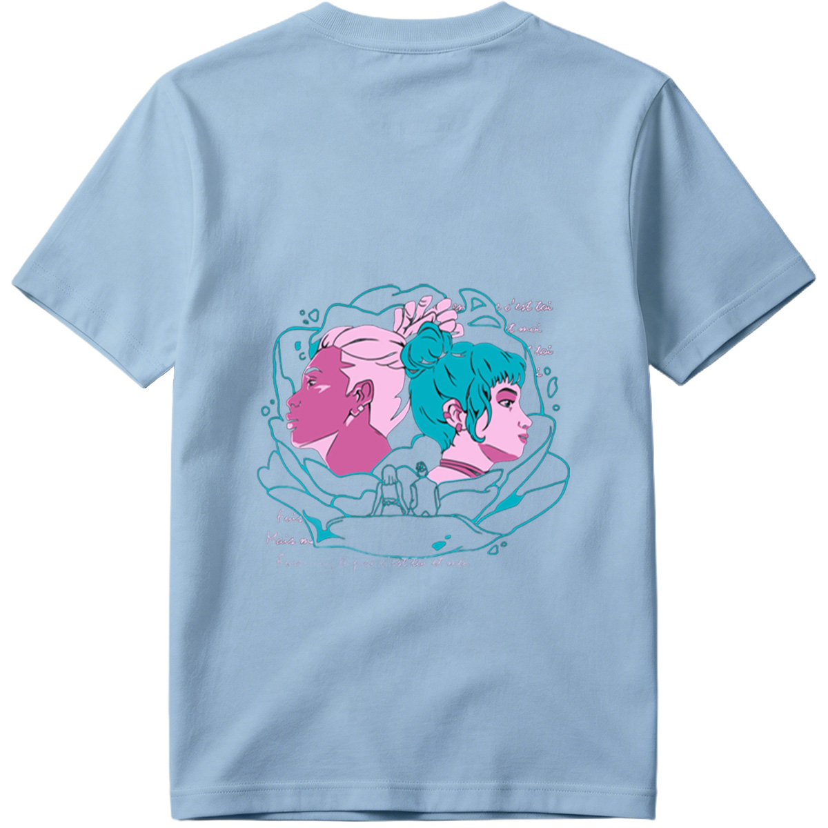 Two Women in Profile: A Stylized Artwork Featuring Pink and Teal Hair with French Text - Tee