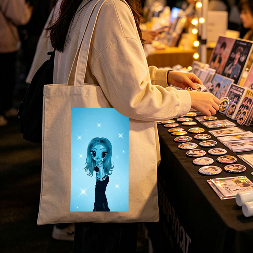 Aqua Blue Anime Girl in Black Dress with Heart Tattoo on Starry Background - Canvas tote bags