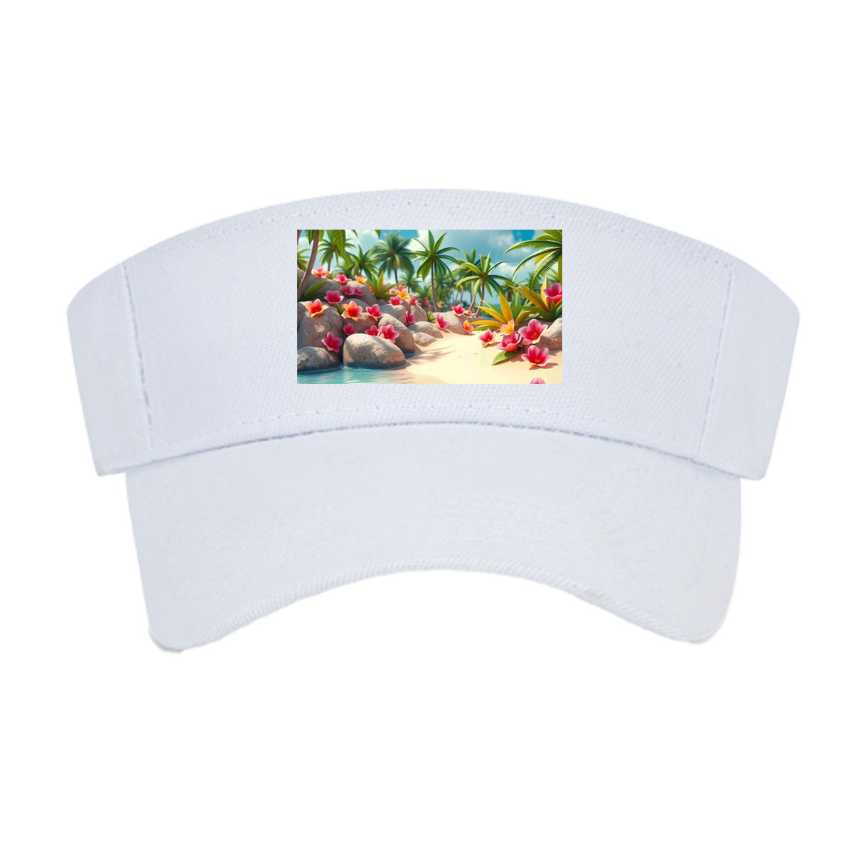 Tropical Beach with Palm Trees and Pink Flowers -  Visor cap