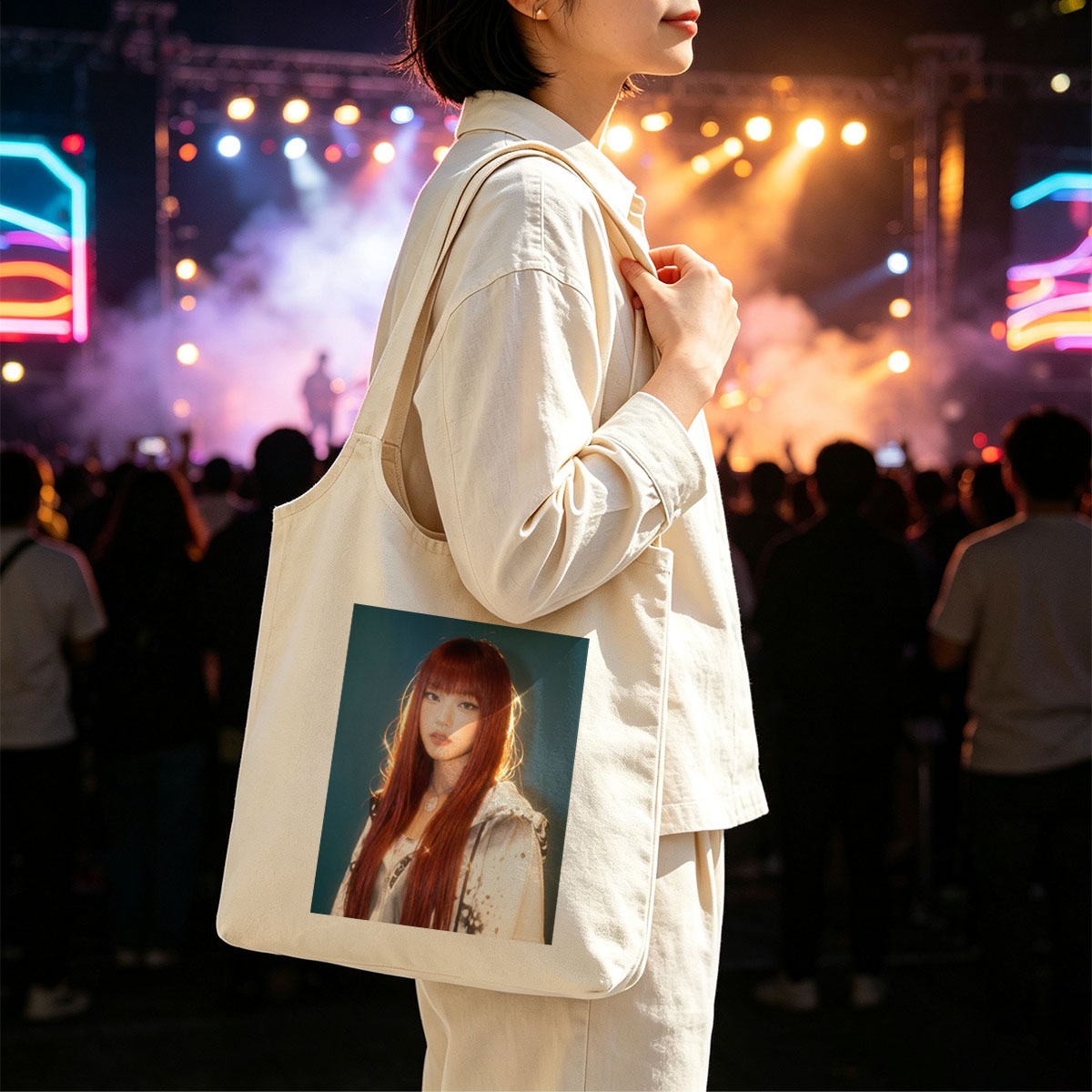 Lisa Blackpink Portrait with Red Hair and Silver Jacket in Studio Lighting - Canvas shoulder bags/