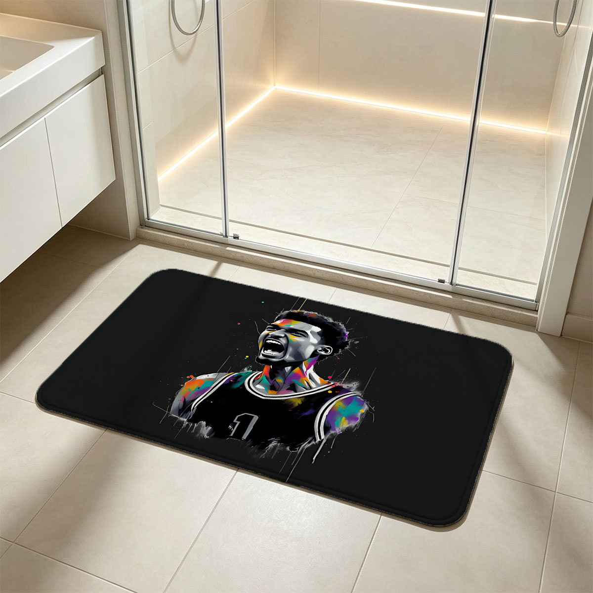 Derrick Rose in a vibrant, expressive basketball jersey with dynamic splashes of color. - Flannel floor mat