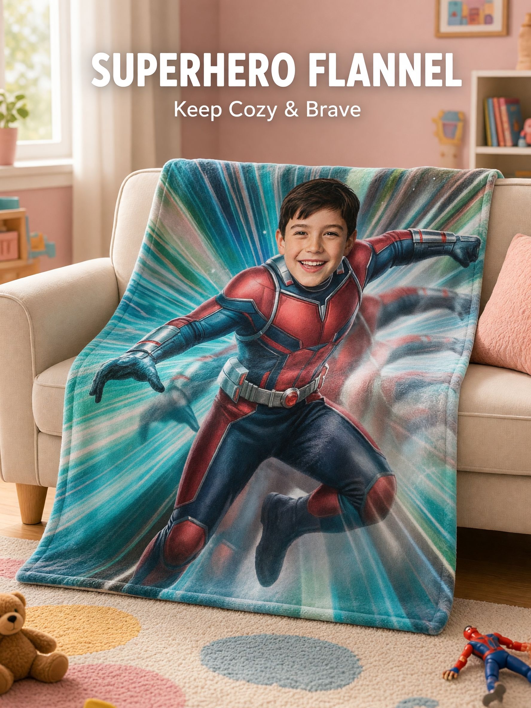 Custom Photo Superhero Flannel Blanket Ultra Soft Personalized Face Throw for Bed Couch and Cozy Gifting