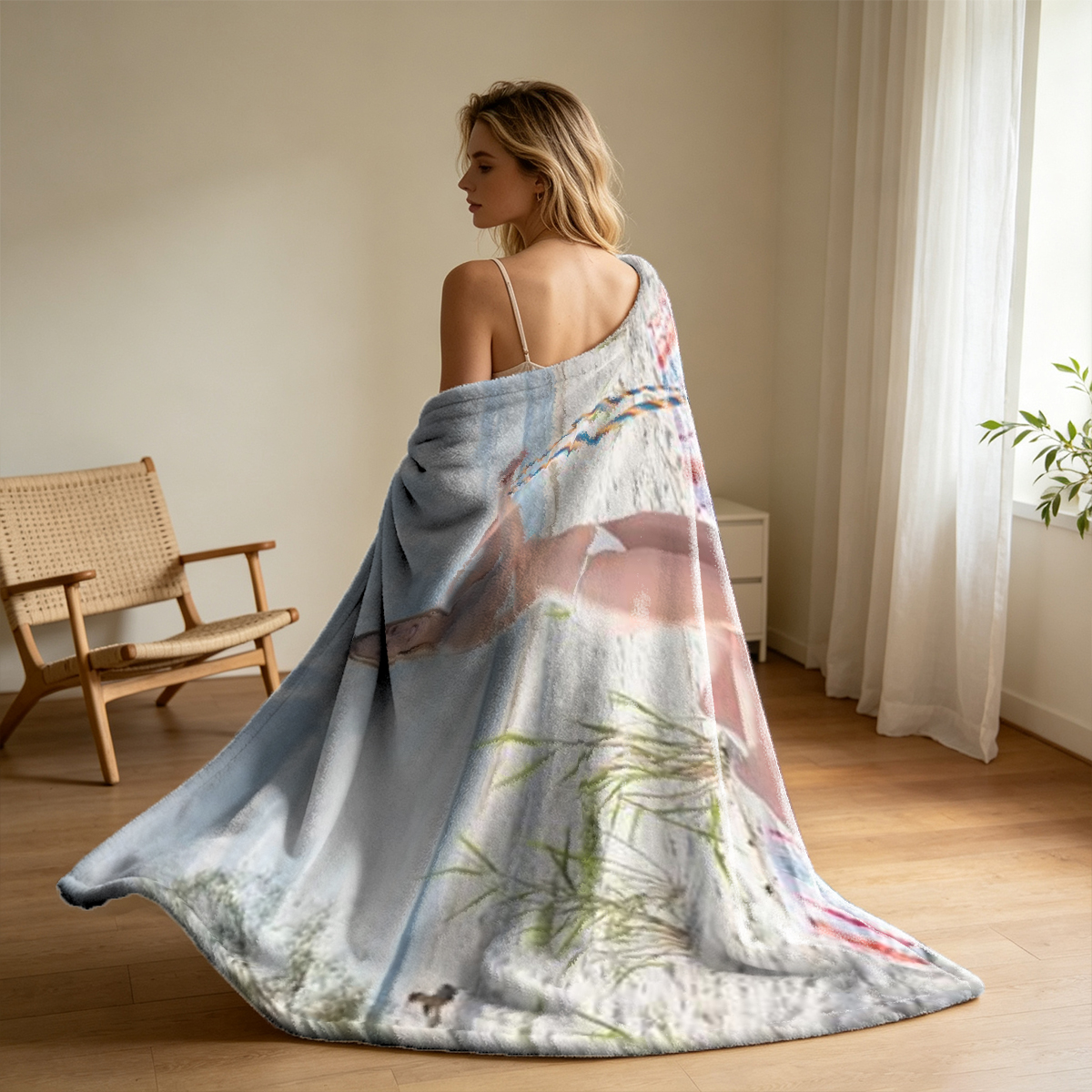 Nude blonde kneeling on sofa smiling over shoulder - Blanket