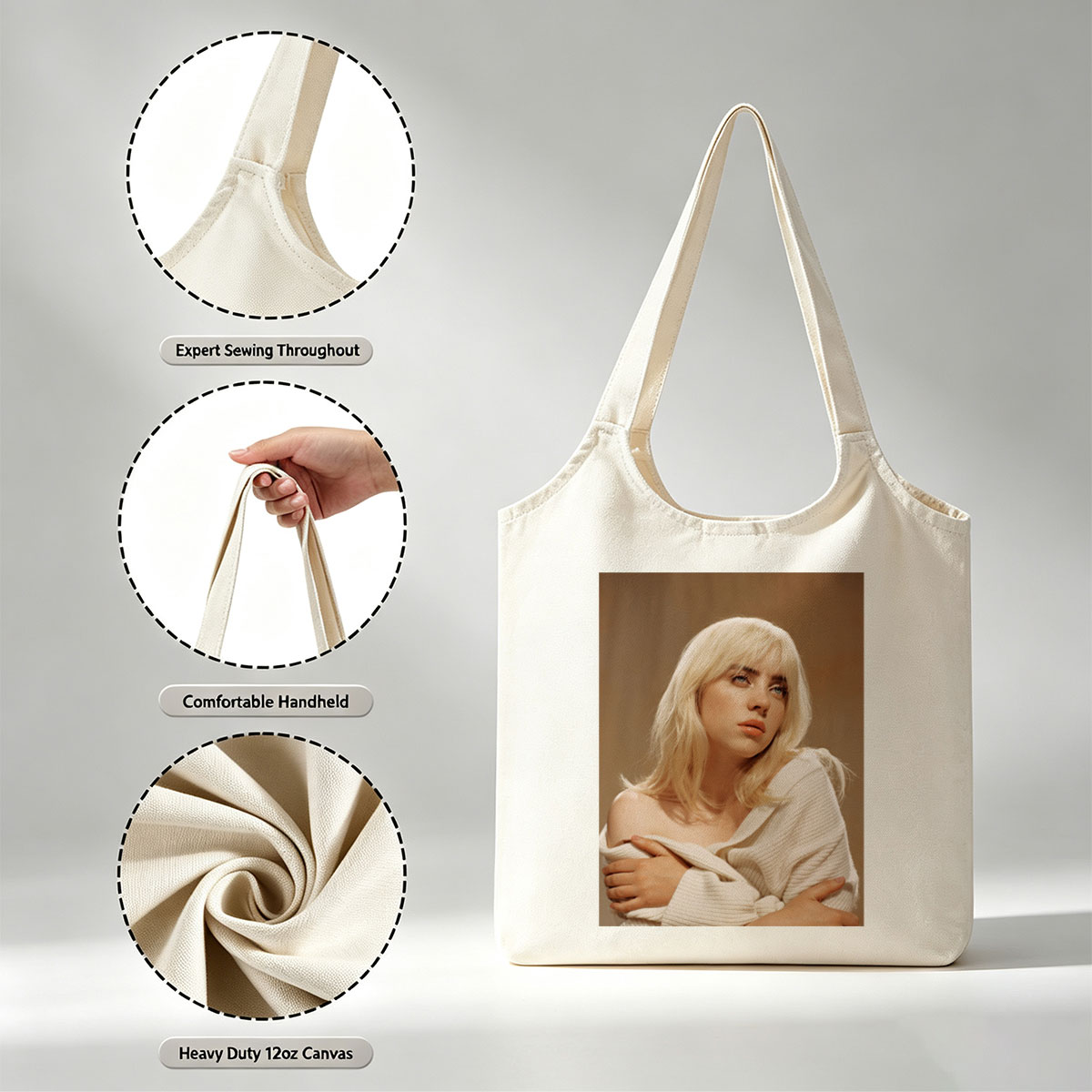 Billie Eilish in a Soft Portrait Wearing a White Off-Shoulder Sweater with Blonde Hair and Blue Eyes - Canvas shoulder bags/