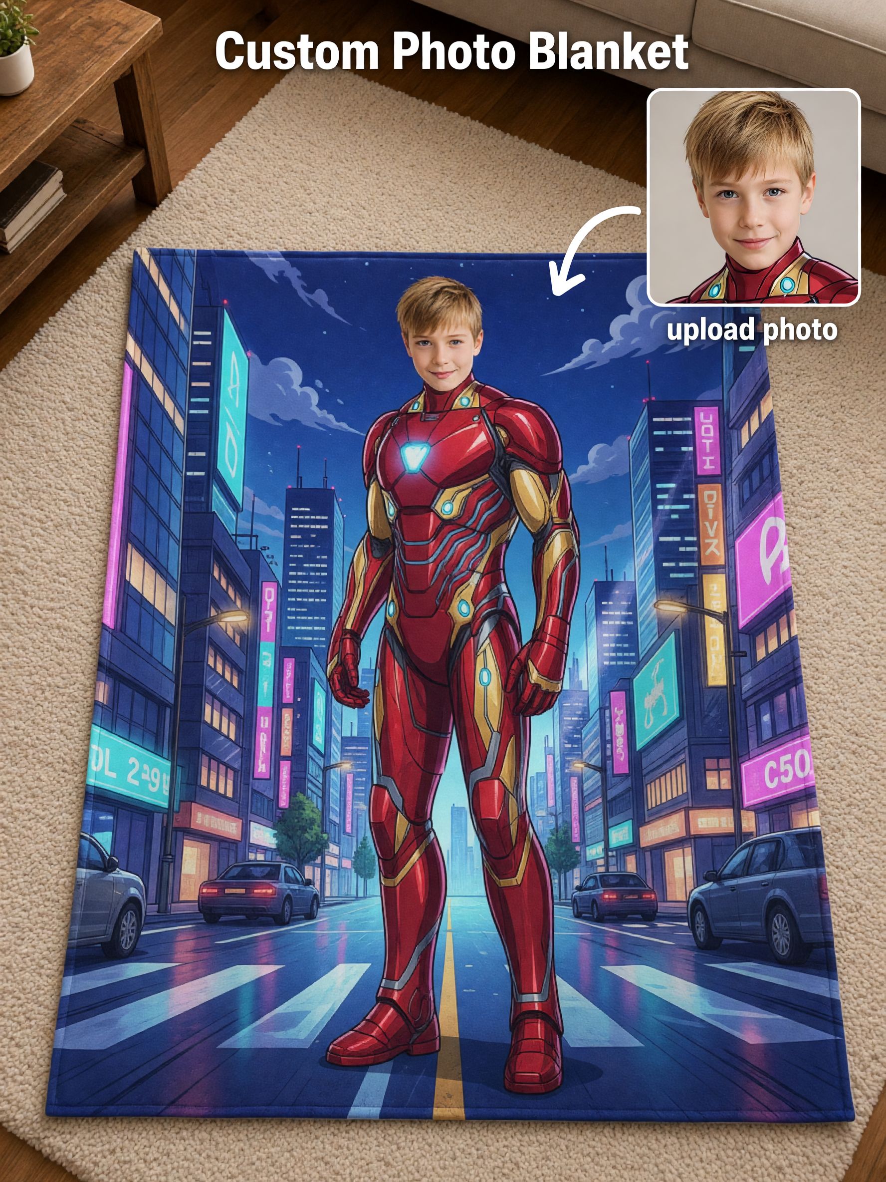 Custom Face Blanket Personalized Superhero Armor Graphic Soft Flannel Throw Cozy Skin-Friendly Birthday Gift for Kids