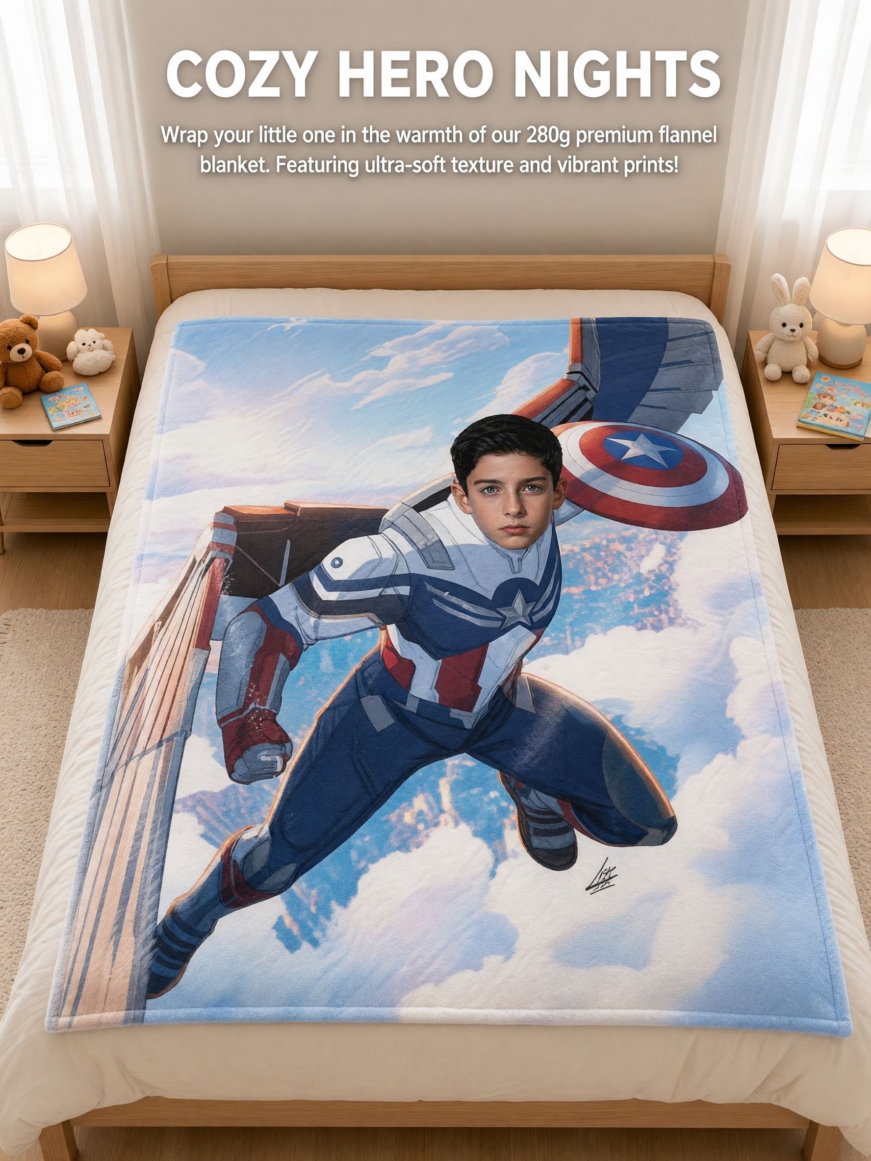 Custom Superhero Face Photo Blanket Personalized Flannel Fleece Throw Bedding Cover for Kids Boys Cozy Keepsake Gift