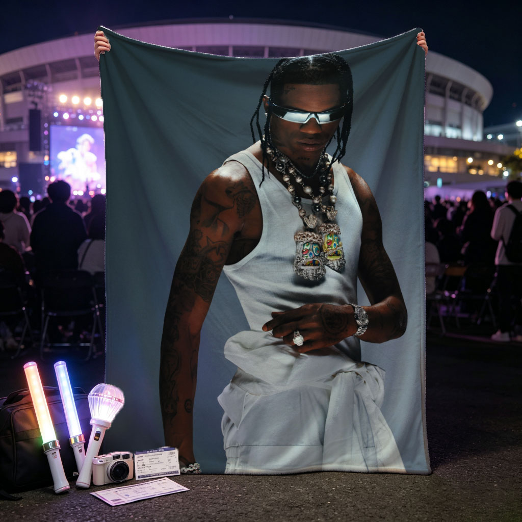 Travis Scott in a Fashion Editorial Pose Wearing a White Tank Top and Statement Jewelry for GQ - Blankets