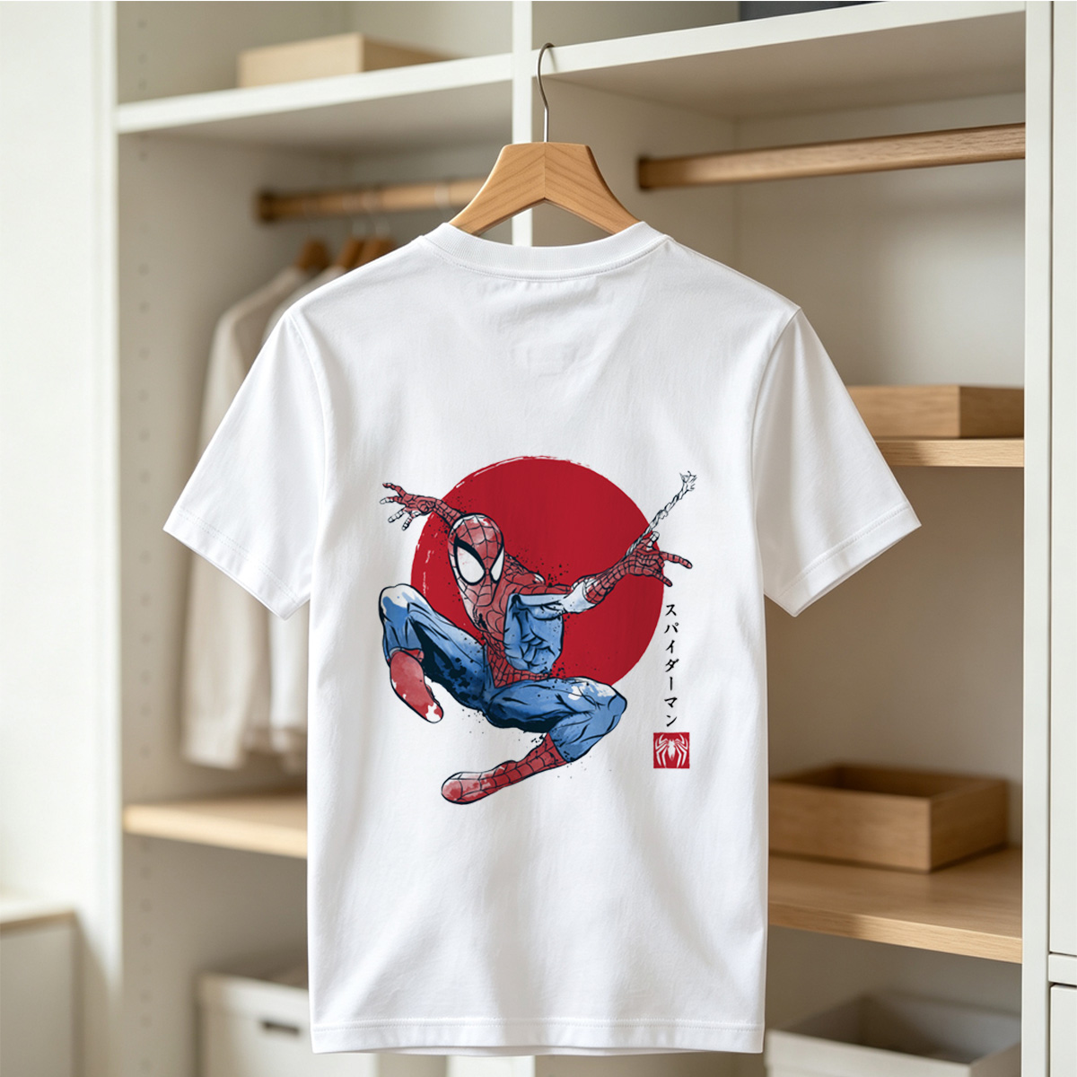 Spider-Man in Action Against Red Sun Background - Tee