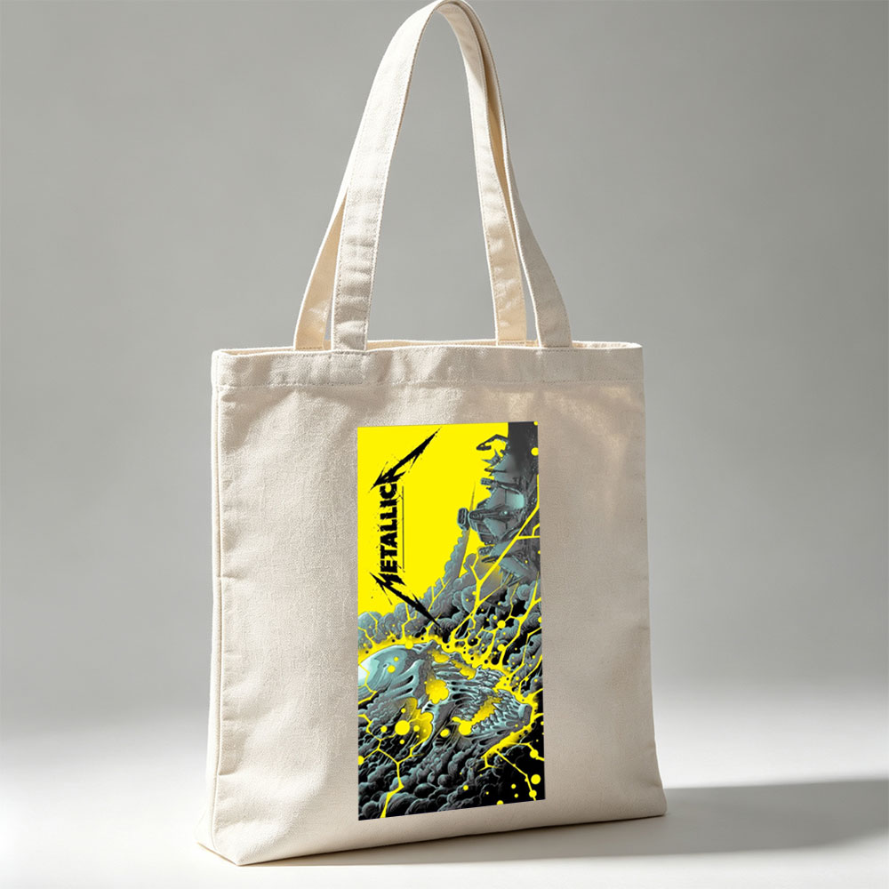 Metallica Band in Explosive Comic-Style Scene with Electric Yellow and Black Mechanical Chaos - Canvas tote bags