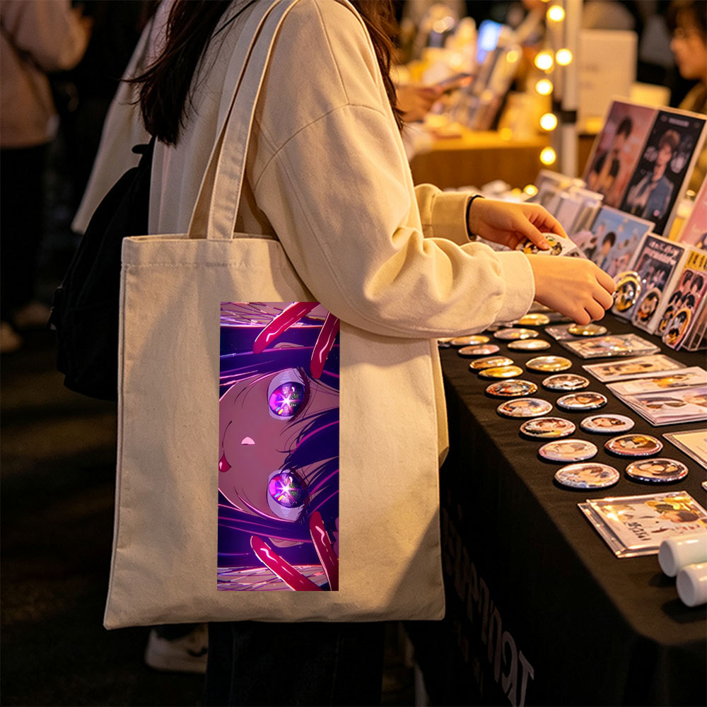 Anime Character with Glowing Purple Eyes and Dramatic Expression in a Cosmic Background - Canvas tote bags