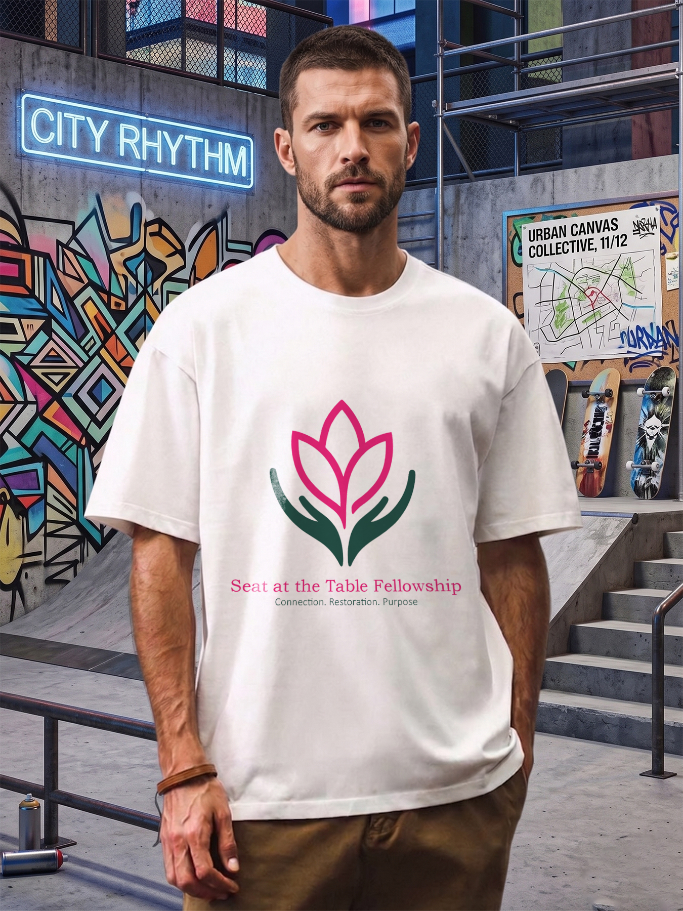 Men's Printed T-Shirt Seat at the Table Fellowship Lotus Hands Design Casual Round Neck Summer Lightweight Breathable Short Sleeve T-Shirt for Daily Wear and Community Events Adults